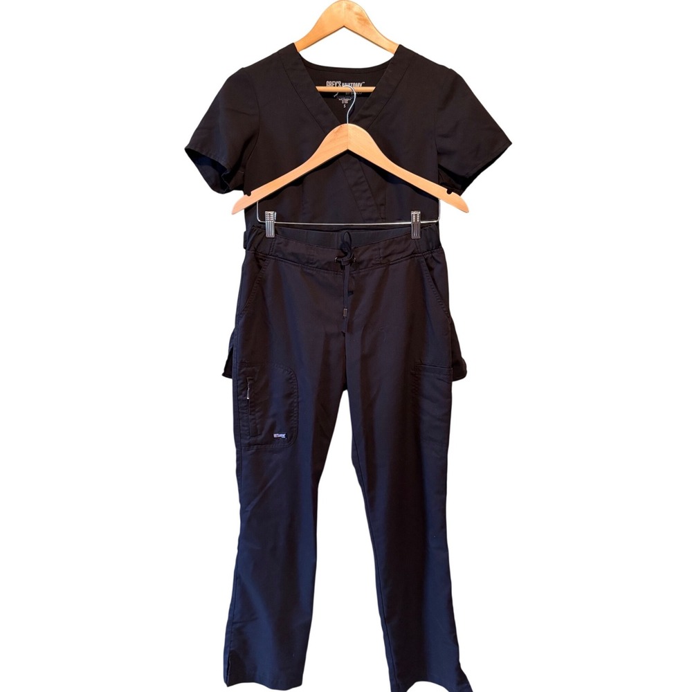 Greys Anatomy by Barco Womens Scrub Set Black V-Neck Top Cargo Pants Size Small